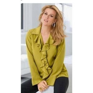 Vintage Roaman's Ruffled Blouse Olive Green Long Sleeve Size 16W